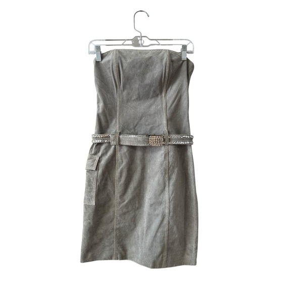 Vintage Wilsons Leather Suede Leather Mini Dress Size SM Green 90s Biker Bodycon - Picture 13 of 16